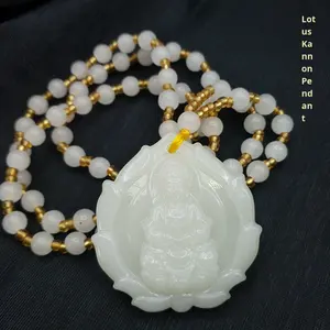 Colgante de <span class=keywords><strong>Jade</strong></span> Blanco Artificial con Diseño de Loto Guanyin, Placa de <span class=keywords><strong>Jade</strong></span> Verde con Buda Guanyin, Collar de <span class=keywords><strong>Jade</strong></span>, Adorno para Cadena de Suéter - Product Image 1