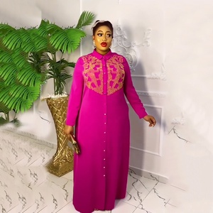 Nouveau design lin vêtements africains <span class=keywords><strong>Kanga</strong></span> robes longues pour femmes Dubai col de chemise strass - Product Image 4