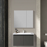 Cermin LED Hotel Modern Baja Tahan Karat Kayu Solid Kabinet Rias Dinding Kayu Lapis Papan Melamin Termasuk Keran MDF Mudah Dipasang