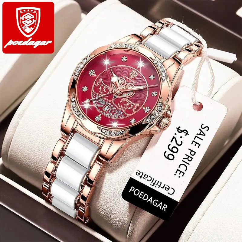 POEDAGAR Women Watch 362 Top Brand Luxury Quartz Diamond Rose Gold Ceramics Steel Watches Waterproof Luminous Lady Wristwatches