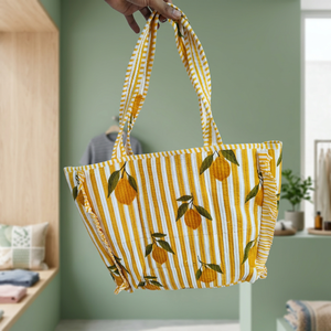 Große Gesteppte Baumwoll-Boho-Modetasche mit Blumenmuster, Zitronendruck, Reißverschluss, Zwei Trageriemen, Schulter-Reisetasche - Product Image 3