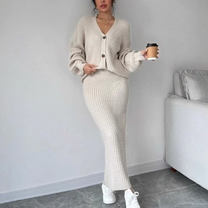Women's Solid Color Casual Long-Sleeve <b>Cardigan</b> <b>Sweater</b> and Skirt Fall/Winter 2-Piece Set Fashion - Product Image 6