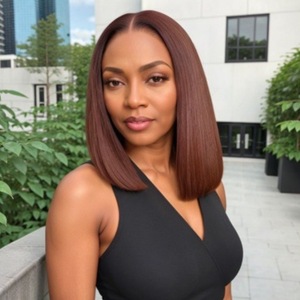 Perruque BOB Courte et Droite en Cheveux Humains, Style Européen et Américain, Marron, Naturelle et Réaliste, avec Raie au Milieu et Dentelle Frontale - Product Image 1