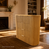 Commode à cinq tiroirs cannelée Disen, avec façade verticale à lattes, haute, pour chambre et salon, en bois de chêne naturel, multi-usages