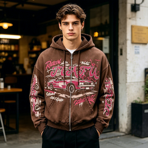 Nueva Sudadera con Capucha para Hombre de 400 g/m², Estilo Vintage con Lavado Ácido, Estampado Gráfico Desteñido, Sudadera con Cierre, Estilo Casual Hip Hop Urbano - Product Image 3