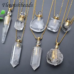 New Design Fashion Woman Jewelry Gold Plated Natural Gemstone Stone Clear Crystal Perfume Bottle Pendant Necklace