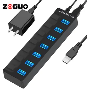 Black Powered USB Hub 7 Charging Port Power Individual Switches USB Splitter