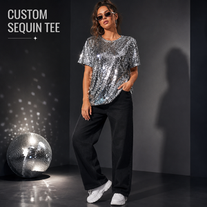 Custom <b>Sequin</b> Shirt Women Sparkle Glitter T Shirt Short Sleeve Party Fashion <b>Top</b> Shiny Stage Performance Wear - Product Image 1