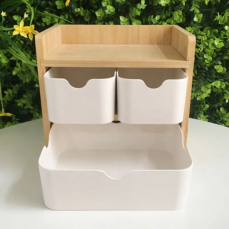 ZERO POLLUTE natural bamboo wood office supplies desk pen organizer women make up cosmetic organizer box with drawers