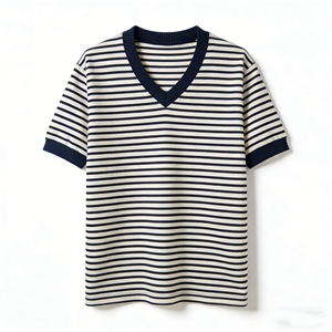 Camiseta Casual de Cuello en V para Hombre, con Rayas Horizontales, Ligera, de Manga Corta, para Verano, Venta al Por Mayor - Product Image 2