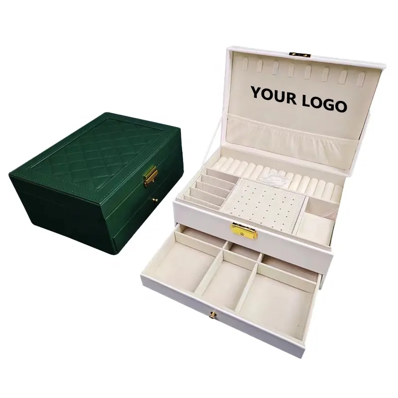 PU Leather Jewelry Organizer Travel Storage Box Wholesale Green Ivory Color Leather Packaging Leather Jewellery Box Logo 2 Pcs