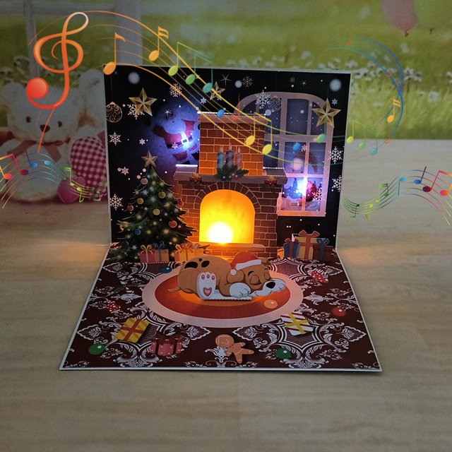 Cross-Border Christmas New Year Greeting Cards 3D Three-Dimensional Fireplace Light Projection Paper Carving Elderly Friendly
