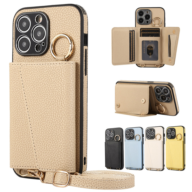 Vegan Cellphone Bag Crossbody Removable Shoulder Strap Phone case for iphone 14 15 Pro Max Card Holder Zipper Purse Kickstand