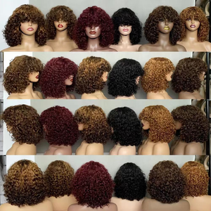 Promotion $62 Pixie Curly with Bang Human Hair <b>Bob</b> Curly <b>Wig</b> Raw Virgin Human Hair Machine Made Non Lace with Frange Wholesale - Product Image 2