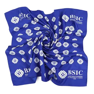 Luxury Fashion Custom Pattern Screen Printed Women Bank Staff Blue Square Polyester Scarf with Logo