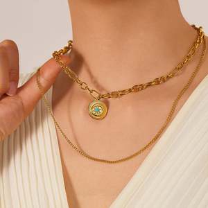 Collar de Doble Capa con Pedrería para Mujer, Joyería de Moda con Cadena de Acero Inoxidable, Chapado en Oro, Resistente al Deslustre - Product Image 6