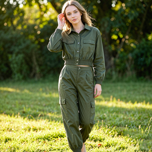 Women's Olive Green Cargo 2 Piece Set Full Sleeve Turn-down Collar Loose Fit Solid Color Casual Matching Outfit - Product Image 2