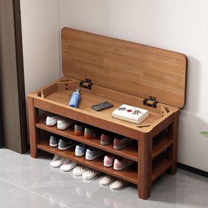 Solid Wood <b>Shoe</b> Bench Double Layer <b>Storage</b> With Hidden Compartment For Entryway And Living Room - Product Image 1