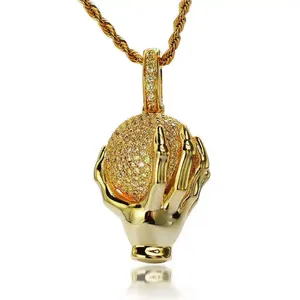 Custom Trending Minimalist Hip Hop 925 Sterling Silver Cz Golden Plated Diamond Skull Hand Ball Pendants