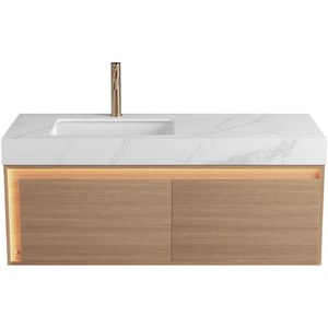 Meuble-lavabo <span class=keywords><strong>NYAH</strong></span> 48'' pour salle de bain, armoire de rangement flottante ultra-mince en contreplaqué avec grille, tiroirs avec éclairage à capteur, blanc Carrara - Product Image 3