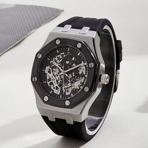 Montre mécanique automatique de luxe pour homme, boîtier carré en acier inoxydable, mouvement à remontage automatique, mouvement creux, bracelet en silicone/caoutchouc - Personnalisé - Product Image 2