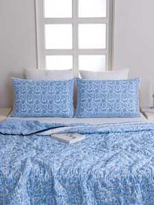 Indian Hand Block Print Blue Cotton <b>Quilt</b> Floral Bedspread Queen Comforter Lightweight Reversible Blanket - Product Image 1