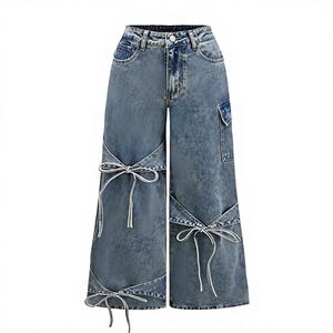 Jeans Cargo da <span class=keywords><strong>Donna</strong></span> Stile Y2K a Vita Alta, Traspiranti, Eco-Friendly, in Denim Lavato, Gamba Larga, Dritti, Sciolti, con Laccetti, per Estate e Autunno - Product Image 3