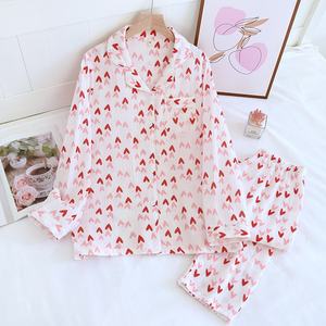 Meryjia Ensemble de pyjama à col rabattu en gaze de coton pur pour femmes, pantalon à manches longues, motif de cœur doux, printemps-automne, deux pièces <span class=keywords><strong>Hom</strong></span> - Product Image 6