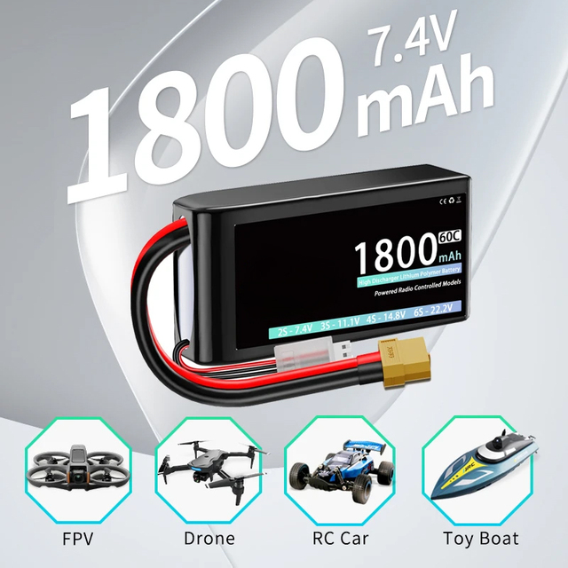 1800mAh 7.4V 60C Lipo Batteries for 2S RC Lipo Battery with T XT30 XT60 JST Plug for RC Drone Car Truck Helicopter Boat 1260100