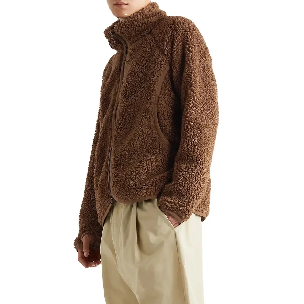 Custom Mens Clothes Sherpa Faux Fur Zip Up Oversize Coat Flannel Polar Brown Fleece Men's Outdoor Winter Streetwear Jacket