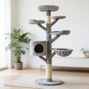 Moderno Tiragraffi per Gatti in Legno Massello Ecologico, a 4 Livelli, con Colonna per Arrampicata, Piattaforme per Salti e Cuccia - Product Image 1