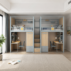 Modern Double Steel Bunk Bed for Boys Custom Design with Desk Storage Cabinet & <b>Ladder</b> for <b>Small</b> Bedrooms Hotels or Schools - Product Image 3