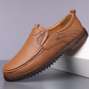 Mocassins en cuir véritable pour hommes, bout rond, à enfiler, respirants, semelle en caoutchouc, chaussures décontractées de conduite pour le printemps - Product Image 1