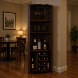 Mueble de bar esquinero marrón oscuro con ocho soportes para botellas y tres estantes para uso doméstico - Product Image 2