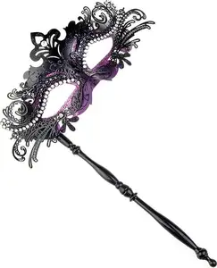 Masquerade Party Mask with Holding Stick Venetian Halloween Costume Mask Mardi Gras Metal Crystal Handle Mask for Women Party