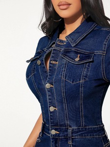 S-XXL Xu Hướng Phụ Nữ Ngắn Tay Áo Nút Đàn Hồi Jeans Denim Giữa Chiều Dài Váy Phụ Nữ Cho Mùa Thu Jean Gói Hip Váy - Product Image 5