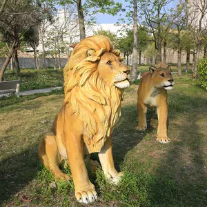 Escultura realista De León para jardín, escultura grande de fibra de vidrio, adornos de jardín de tamaño real