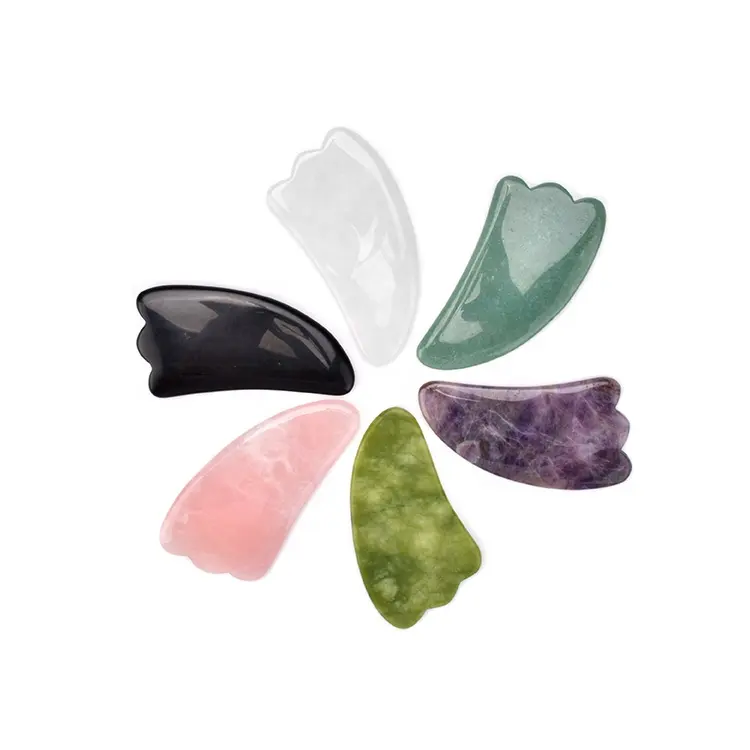 Guasha em forma de chifre para massagem facial e corporal, ferramentas faciais de cristal de jade, pedra Gua Sha natural por atacado