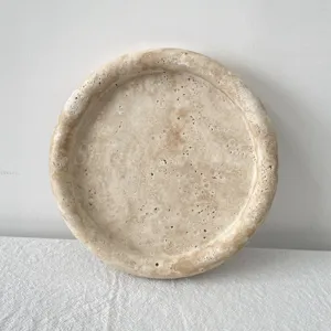 Shihui đá cẩm thạch homewares 8 ''đường kính cổ điển màu be Vòng travertine catchall đồ trang sức vòng trang trí khay đá cẩm thạch phục vụ khay