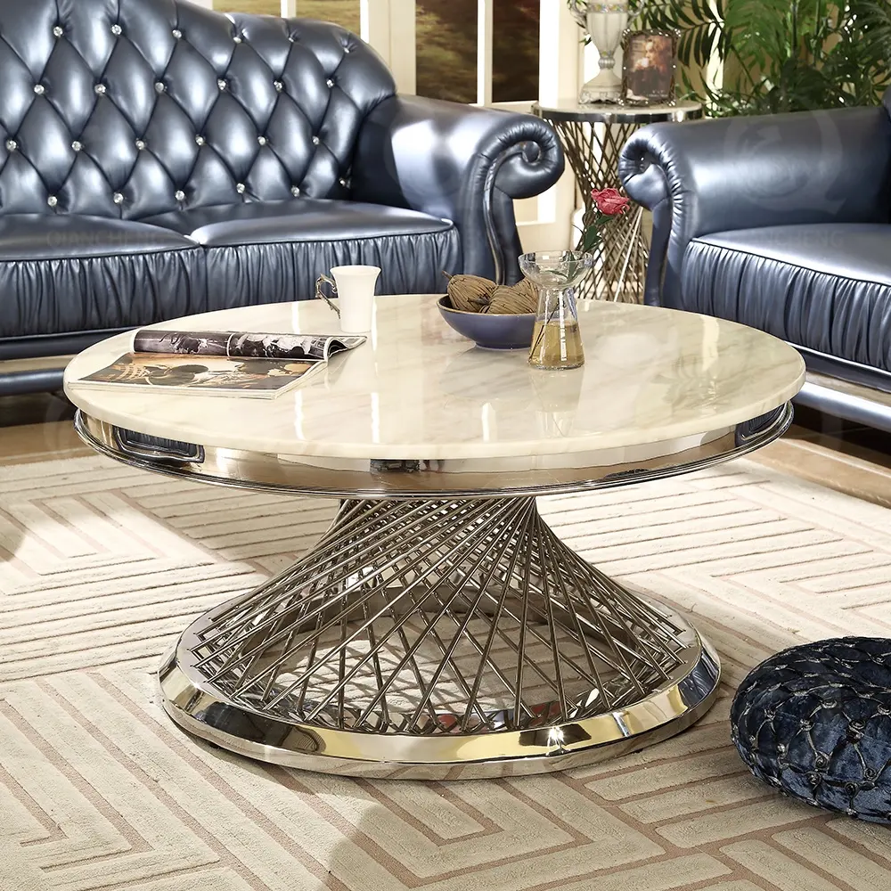Luxury coffee table living room furniture marble table top gold metal stainless steel round coffee table