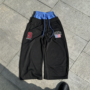 Shorts <span class=keywords><strong>de</strong></span> <span class=keywords><strong>basket</strong></span> rétro américains pour hommes, double couche, taille brodée numéro 9, noir, streetwear décontracté, pantalon <span class=keywords><strong>de</strong></span> survêtement - Product Image 1
