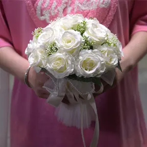 Ramo de rosas artificiales para novia, flores de mano para fiesta de boda, decoración de dama de honor, flor