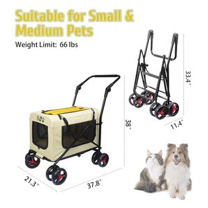 Portador de mascotas multifuncional beige/amarillo, 4 ruedas desmontables, cesta para mascotas reemplazable limpia, cochecito de viaje plegable portátil para mascotas - Product Image 5