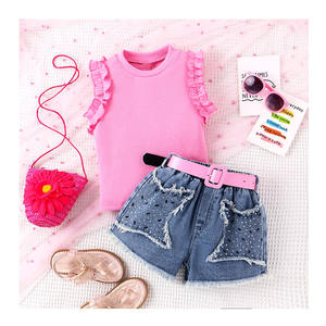 4-7Y <strong>Kids</strong> Clothes Girls Lace Sleeveless Top Star <strong>Sequin</strong> Denim <strong>Shorts</strong> With Belt 2Pcs Children Set Pink Summer Clothing for Girls - Product Image 1