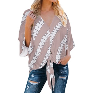 Blusas de Verano para Mujer con Estampado Floral Hawaiano Azul de Moda, Estilo Boho, Manga 3/4, Cuello en V, con Lazo Delantero, Camisas Casuales Holgadas con Estampado Floral - Product Image 4