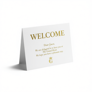 Tarjeta de Bienvenida para Hotel con Mensaje en Lámina Dorada para Exhibición en Mesa de Habitación, Origen EE. UU., Marca OEM - Product Image 3