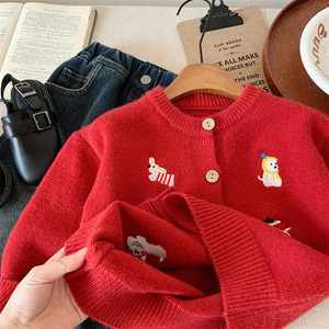Tongxingyuan Children's Knitted Cardigan Red Embroidered Puppy Winter Sweater For Boys And Girls Size 2-8 Years - Product Image 3