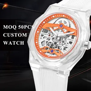 Foksy entwirf deine eigene Kunststoff-Luxus-Armbanduhr mit individuellem Logo transparente automatische mechanische Skelettuhr Herren