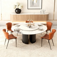 Ensemble de table à manger ronde de luxe de style moderne du milieu du siècle italien, 6 places, table à manger extensible en pierre frittée marbrée avec 6 chaises