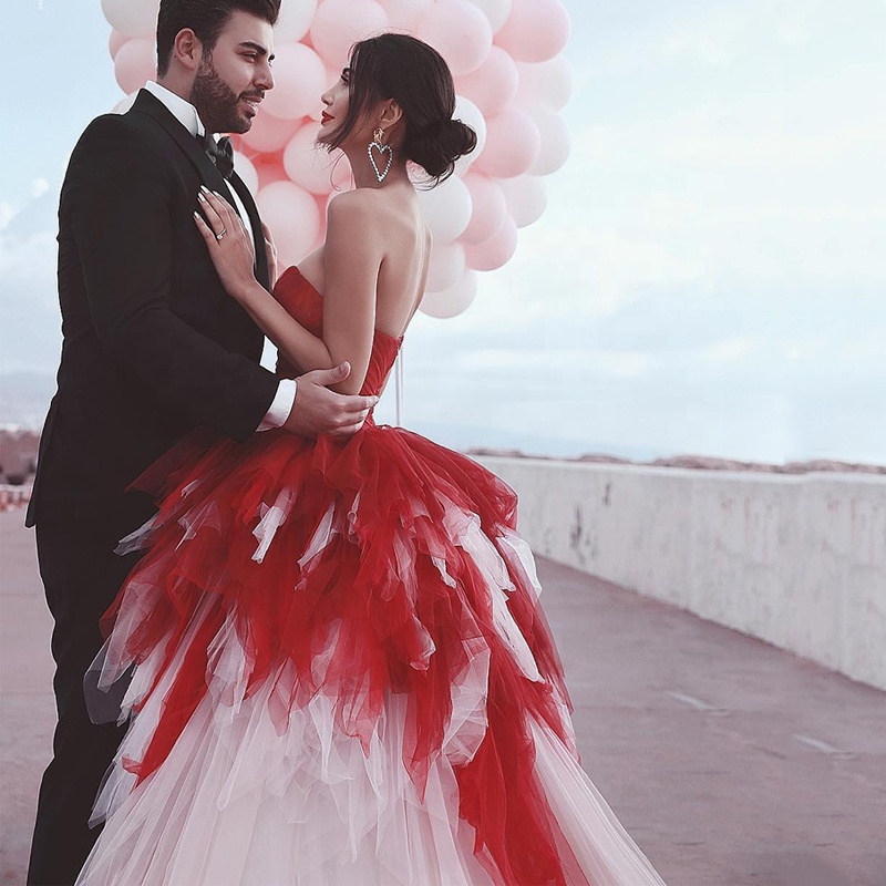 strapless open back dress Unique Red Rose White Mermaid Wedding Dress main image 1